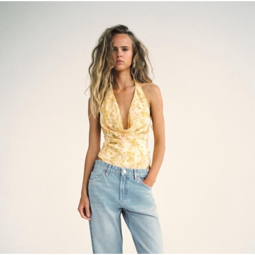 Zara Womens Yellow Floral Mesh Halter Cowl Neck Plunging Bodysuit Size Small